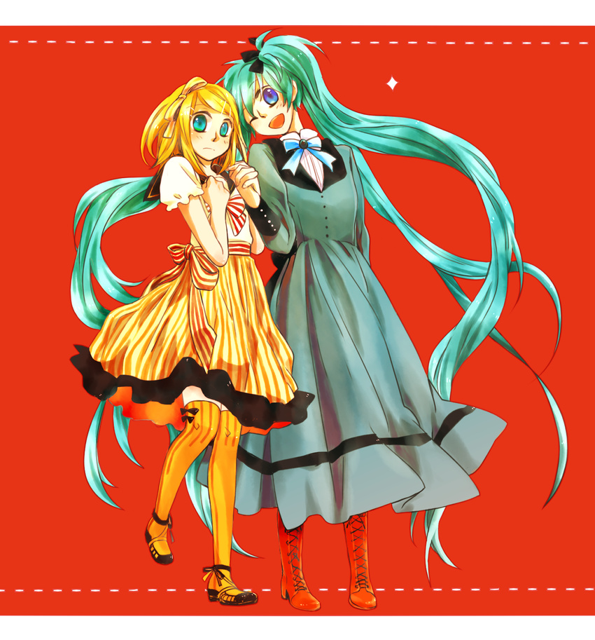 blonde_hair blue_eyes boots cross-laced_footwear dress green_eyes green_hair hair_ornament hairclip hatsune_miku highres holding_hands kagamine_rin lace-up_boots letterboxed long_hair multiple_girls one_eye_closed open_mouth red_background rose09 short_hair thighhighs twintails very_long_hair vocaloid yellow_legwear