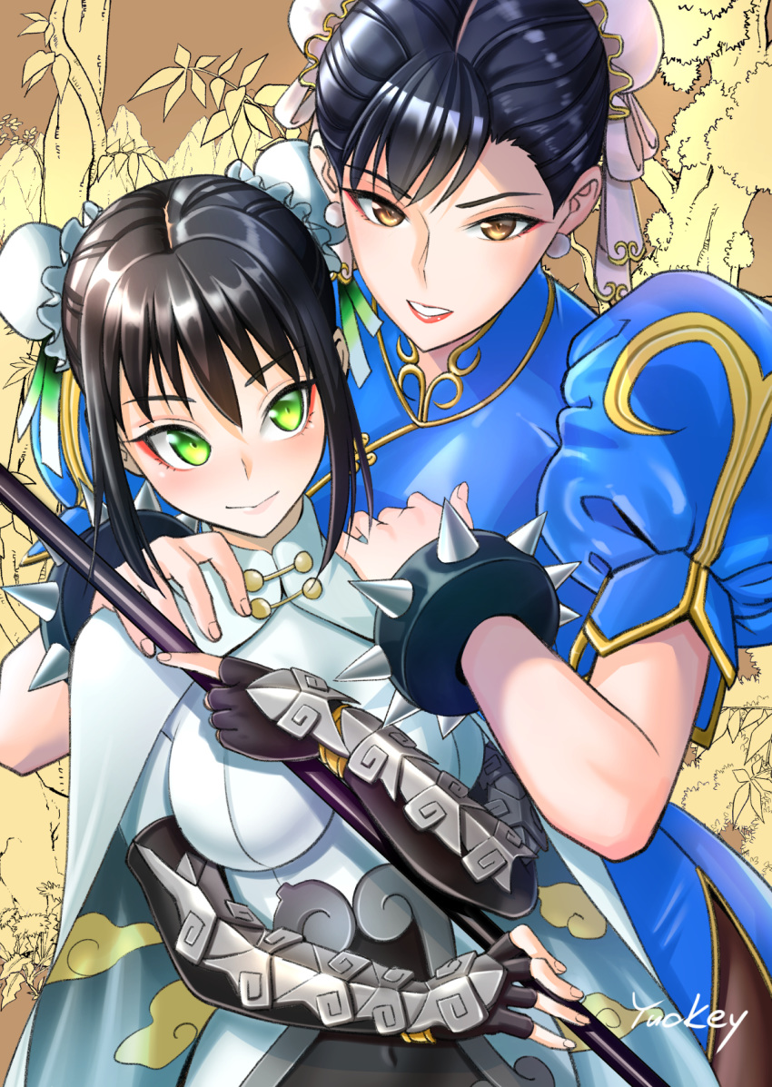 2girls arm_guards artist_name bangs black_gloves black_hair blue_dress bodysuit bracelet breasts brown_eyes brown_legwear bun_cover capcom cape china_dress chinese_clothes chun-li cloud_print commentary_request crossover double_bun dress earrings eyebrows_visible_through_hair eyeliner fate/grand_order fate_(series) fingerless_gloves gloves gold_trim green_eyes highres holding holding_weapon jewelry lipstick makeup medium_breasts multiple_girls pantyhose pink_lips polearm puffy_sleeves qin_liangyu_(fate) short_sleeves sidelocks simple_background skin_tight smile solo spear spiked_bracelet spikes standing street_fighter toggles weapon white_bodysuit white_cape yuckey