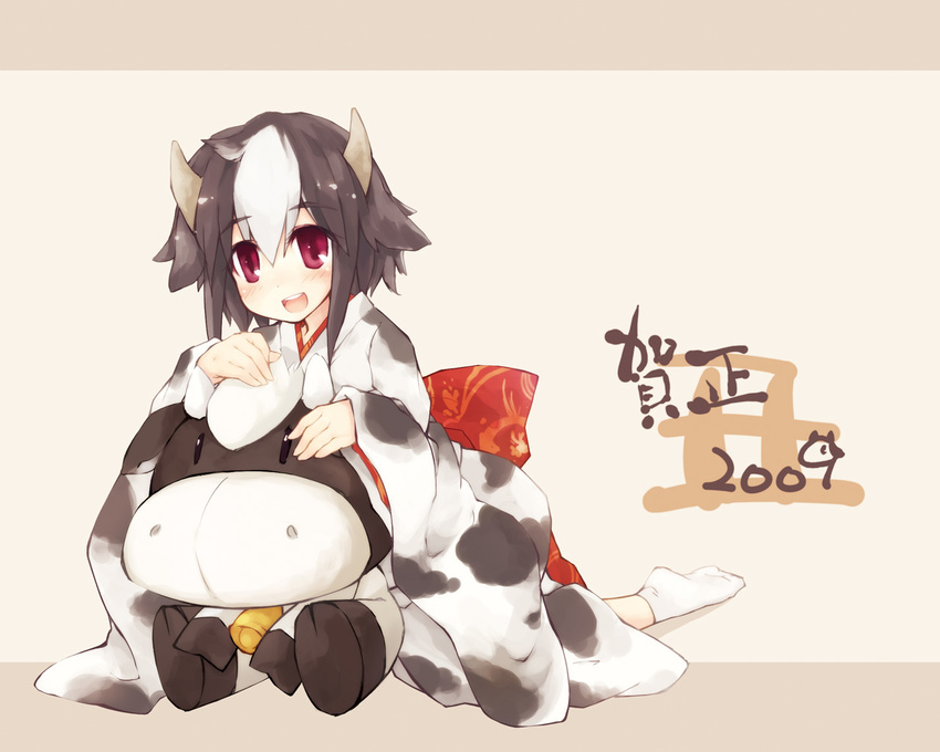 2009 animal_print copyright_request cow_print horns japanese_clothes kimono multicolored_hair new_year purple_eyes short_hair socks solo stuffed_animal stuffed_cow stuffed_toy wallpaper yukitarou_(awamori)
