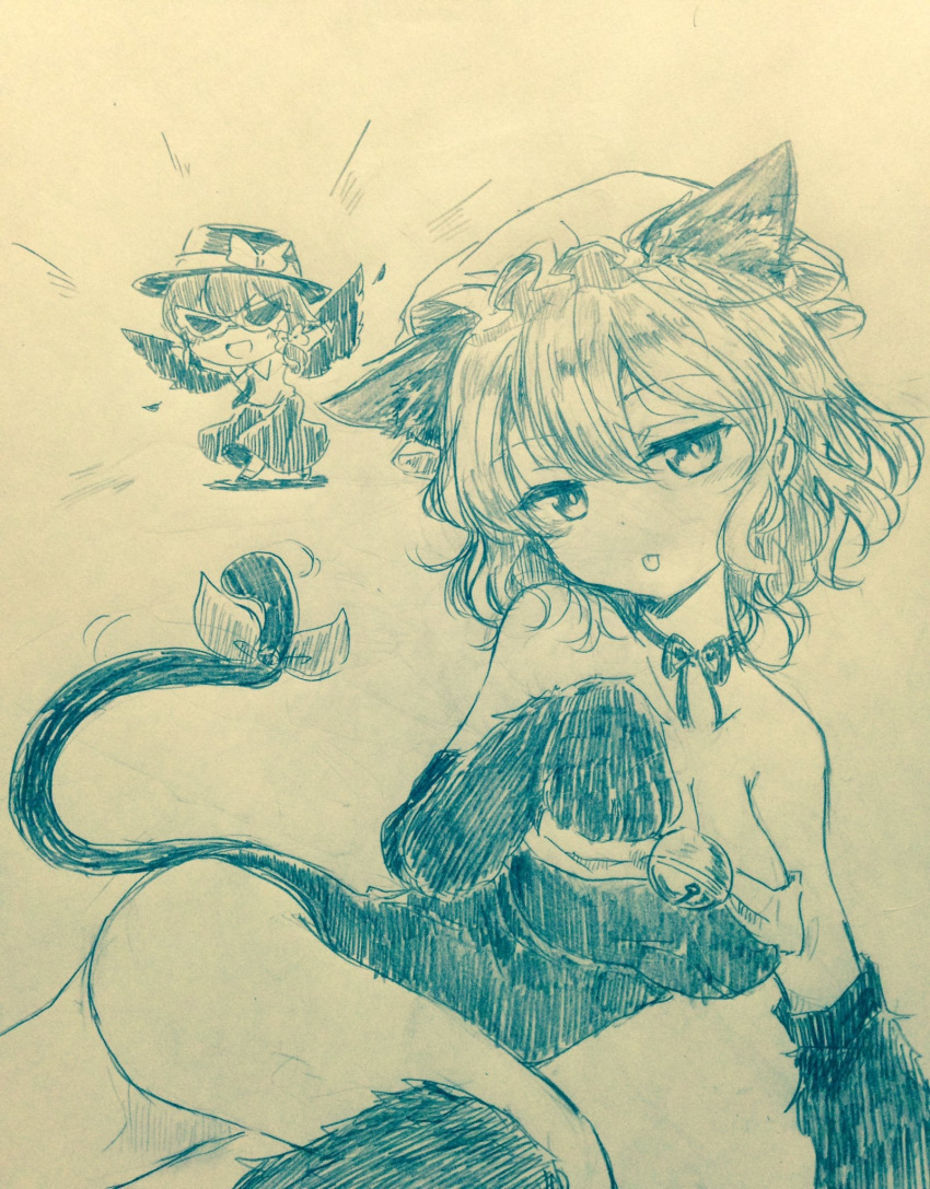 2girls :d :p alternate_costume animal_ears animal_hands ass bare_shoulders bell blush bow breasts cat_ears cat_tail cleavage collarbone commentary_request efukei elbow_gloves fake_wings gloves hair_between_eyes hat hat_bow highres looking_at_viewer maribel_hearn medium_breasts mob_cap monochrome motion_lines multiple_girls neck_ribbon necktie one-hour_drawing_challenge open_mouth paw_gloves paw_pose ribbon shirt_tucked_in short_hair skirt smile standing sunglasses tail tail_bow tail_ornament tongue tongue_out touhou traditional_media usami_renko v-shaped_eyebrows wings