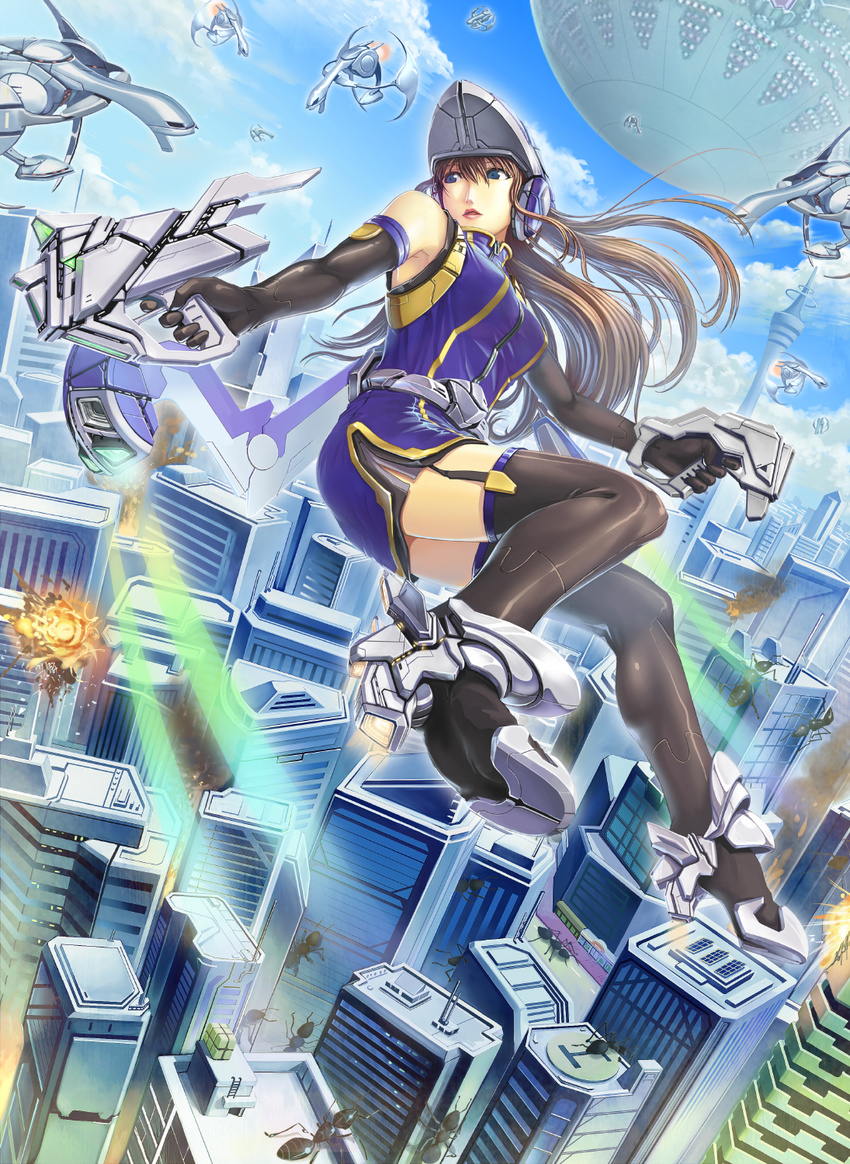 ant blue_eyes brown_hair bug earth_defense_force elbow_gloves flying gloves gun hi-ho- highres insect legs lips long_hair pale_wing solo thighhighs weapon
