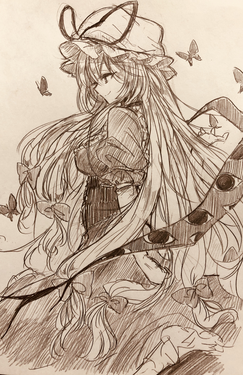 1girl absurdres bow bug butterfly closed_mouth commentary_request corset dress efukei gap_(touhou) gloves hair_bow hat highres mob_cap multiple_hair_bows puffy_short_sleeves puffy_sleeves short_sleeves smile solo touhou traditional_media yakumo_yukari