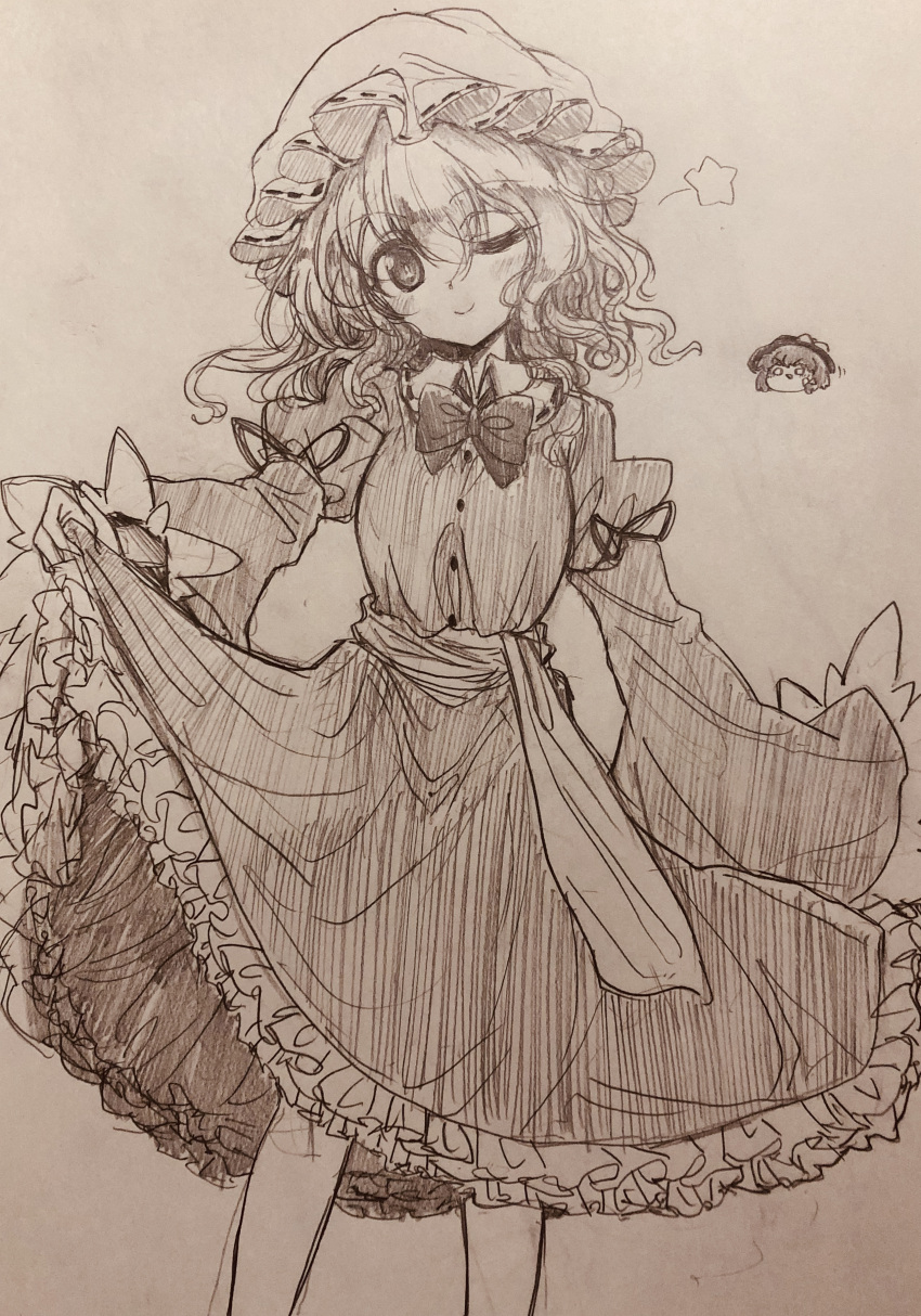 2girls absurdres bow bowtie buttons collared_dress commentary_request contrast_collar cowboy_shot dress efukei frilled_dress frills hat highres holding_own_skirt long_sleeves looking_at_viewer maribel_hearn mob_cap multiple_girls one_eye_closed sash smile solo_focus star_(symbol) touhou traditional_media usami_renko yukkuri_shiteitte_ne