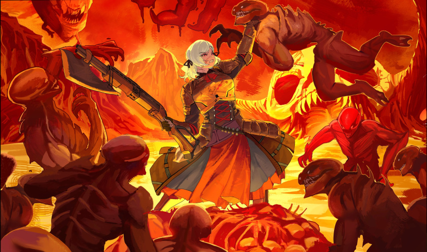 1girl ammunition arm_up armor armored_dress bandolier belt black_ribbon blood blood_on_clothes blood_on_face demon doom_(2016) doom_(series) doom_cover_parody dress fire girls'_frontline grey_hair gun hell highres holding holding_gun holding_weapon neck_grab official_alternate_costume one_man_army plate_armor pump_action red_eyes ribbon short_hair shotgun shotgun_shell spas-12 spas-12_(girls'_frontline) spas-12_(goblin_huntress)_(girls'_frontline) surrounded teeth twintails uncleburn101 weapon weapon_combination