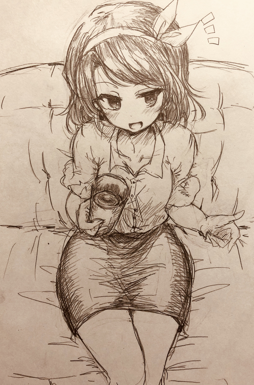 1girl absurdres blush buttons collarbone collared_shirt commentary_request cup dateless_bar_"old_adam" efukei greyscale hair_ribbon highres holding holding_cup looking_at_viewer medium_hair monochrome open_mouth ribbon shirt shirt_tucked_in short_sleeves sitting sketch skirt solo touhou traditional_media usami_renko