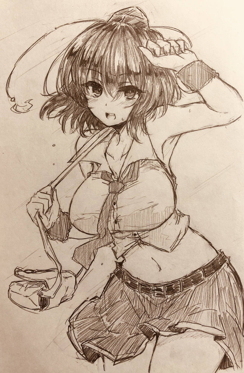 1girl absurdres alternate_costume armpits bag belt blush collared_shirt commentary_request efukei hat highres looking_at_viewer medium_hair midriff missing_wings navel necktie open_mouth shameimaru_aya shirt shoulder_bag skirt smile solo tokin_hat touhou traditional_media