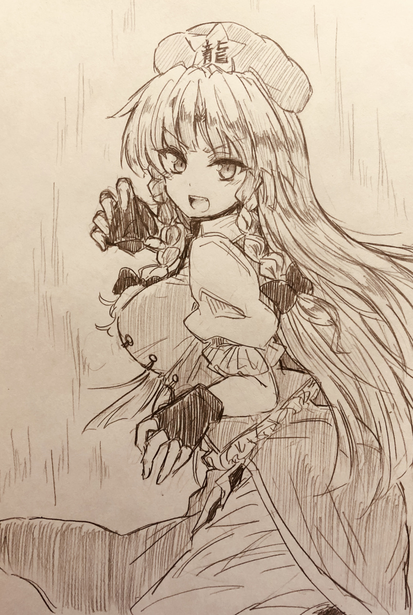 1girl absurdres beret braid closed_mouth commentary_request efukei fighting_stance fingerless_gloves gloves hat hat_ornament highres hong_meiling long_hair looking_at_viewer open_mouth pants pants_under_skirt puffy_short_sleeves puffy_sleeves shirt short_sleeves skirt solo star_(symbol) star_hat_ornament touhou traditional_media twin_braids very_long_hair vest