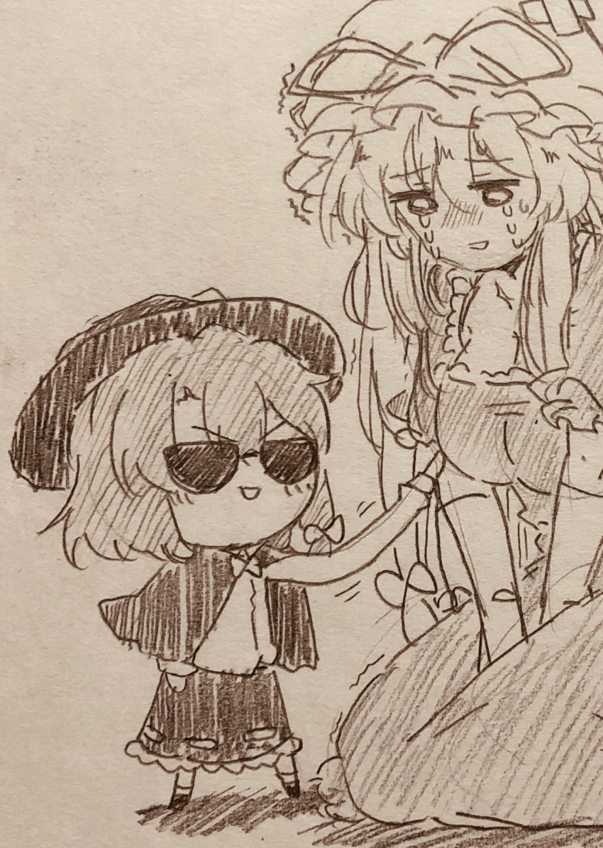 2girls asymmetrical_sidelocks bow bowtie breasts capelet collared_shirt commentary_request crying crying_with_eyes_open deformed dress efukei elbow_gloves frilled_skirt frills gloves greyscale hair_bow hat hat_bow hat_ribbon highres kneeling large_breasts long_arms long_hair medium_hair mob_cap monochrome multiple_girls open_mouth ribbon ribbon-trimmed_skirt ribbon_trim shirt shirt_tucked_in sidelocks sketch skirt standing sunglasses tears touhou traditional_media translation_request trembling usami_renko yakumo_yukari