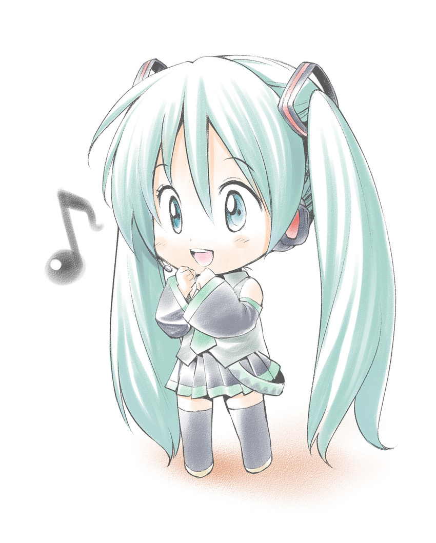 aqua_eyes aqua_hair bad_id bad_pixiv_id chibi detached_sleeves hatsune_miku headset highres long_hair musical_note skirt solo twintails vocaloid yaguchiya_tomoshi