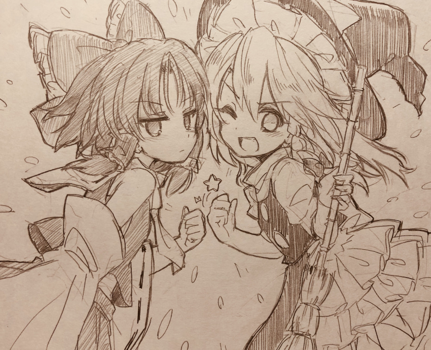 2girls :d ;d absurdres ascot bamboo_broom blush bow braid broom commentary_request detached_sleeves efukei frilled_bow frilled_hair_tubes frills hair_bow hair_tubes hakurei_reimu hat hat_bow highres holding holding_broom kirisame_marisa long_hair multiple_girls one_eye_closed puffy_short_sleeves puffy_sleeves ribbon-trimmed_sleeves ribbon_trim short_sleeves side_braid single_braid skirt smile star_(symbol) touhou traditional_media vest witch_hat