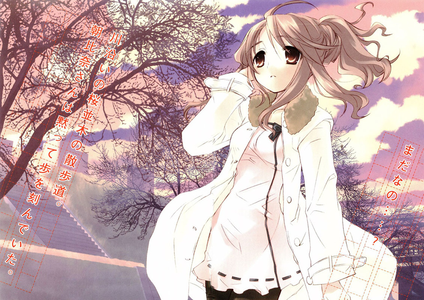 alternate_hairstyle asahina_mikuru bangs black_bow black_legwear bow breasts bridge brown_eyes brown_hair buttons cloud cloudy_sky coat collarbone dress dutch_angle eyebrows_visible_through_hair hair_up hand_in_hair itou_noiji long_hair long_sleeves medium_breasts novel_illustration official_art outdoors pantyhose parted_lips ponytail ribbon_trim scan sky solo stairs sunset suzumiya_haruhi_no_yuuutsu tree wind