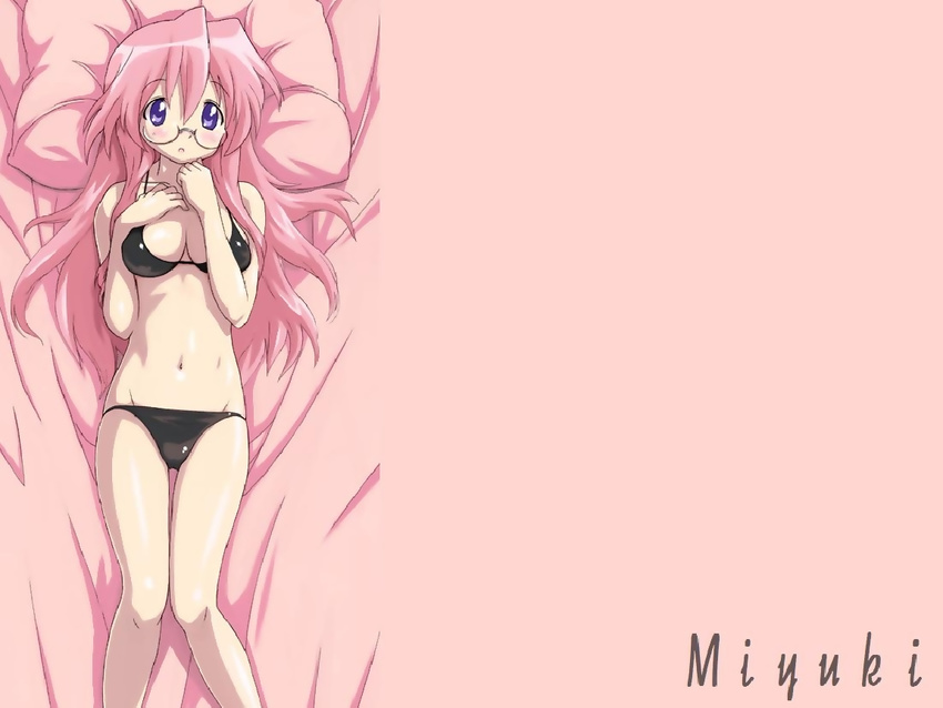 bikini blush glasses lucky_star lying non-web_source pink_hair purple_eyes solo string_bikini swimsuit takara_miyuki wallpaper