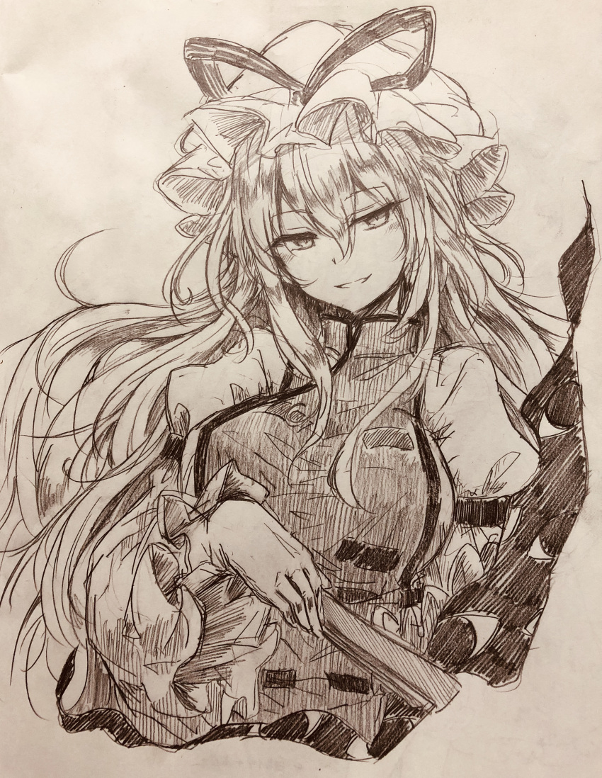 1girl absurdres blush breasts commentary_request efukei gap_(touhou) hair_between_eyes hat hat_ribbon highres holding juliet_sleeves large_breasts long_hair long_sleeves looking_at_viewer mob_cap monochrome one-hour_drawing_challenge puffy_sleeves ribbon seductive_smile sidelocks smile solo tabard touhou traditional_media upper_body wide_sleeves yakumo_yukari
