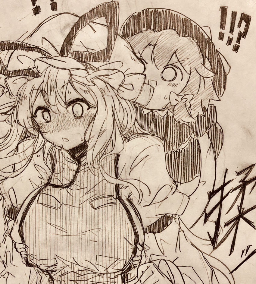 ! !! !? 2girls absurdres blush bow breasts capelet chibi collared_shirt commentary_request dress efukei grabbing_another's_breast greyscale groping hair_bow hat hat_bow hat_ribbon highres large_breasts long_arms long_hair mob_cap monochrome multiple_girls open_mouth ribbon shirt sketch skirt sweat tabard touhou traditional_media upper_body usami_renko yakumo_yukari