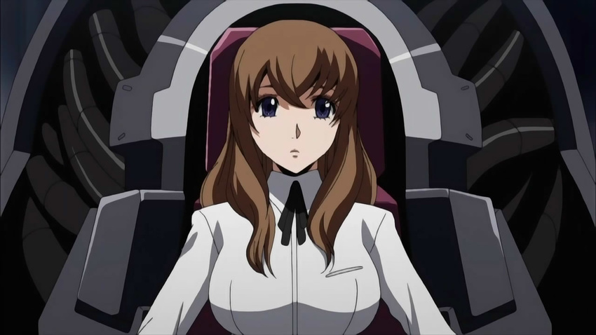 blue_eyes brown_hair cockpit kujou_miu kurogane_no_linebarrel screencap solo