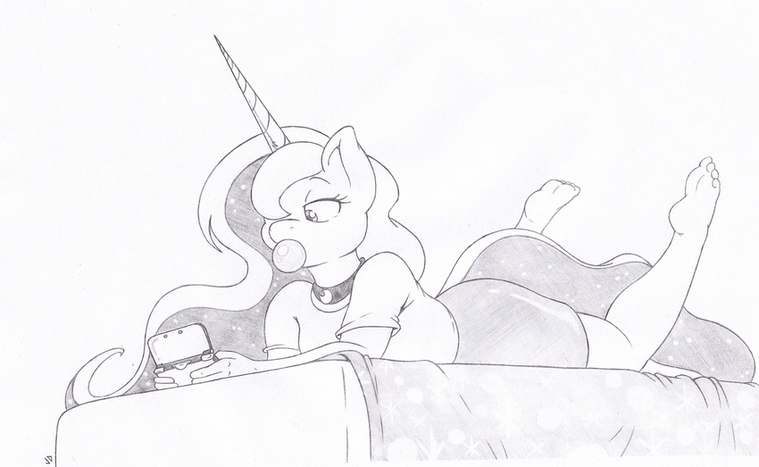 anthro anthrofied bed black_and_white breasts bubble_gum clothing equine female friendship_is_magic hair horn horse joey-darkmeat lying mammal monochrome my_little_pony necklace nintendo nintendo_3ds nintendo_ds plain_background pony princess_luna_(mlp) shirt skirt sparkles unicorn video_games winged_unicorn wings