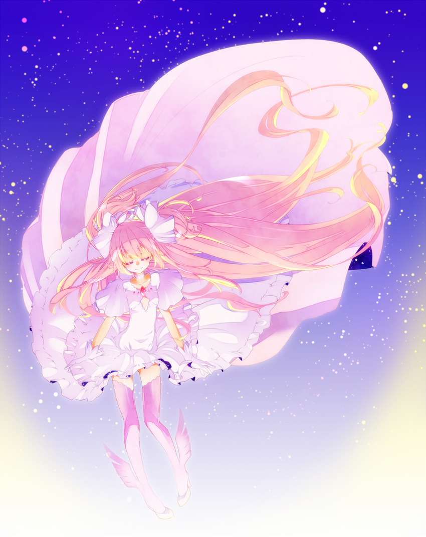 ankle_wings ayu_(rinrin53) boots choker closed_eyes dress frills full_body gem gloves highres kaname_madoka long_hair magical_girl mahou_shoujo_madoka_magica pink_footwear pink_hair pink_legwear shawl smile solo spoilers thighhighs two_side_up ultimate_madoka white_dress