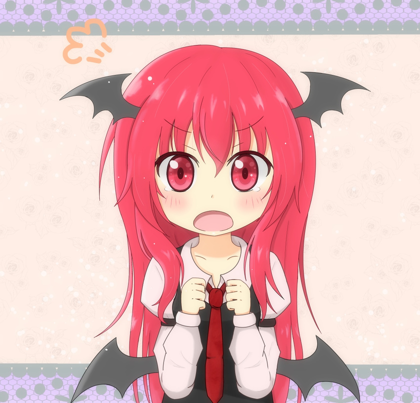 :o annoyed arm_garter bat_wings blush chibi collarbone dress_shirt hands_on_own_chest head_wings juliet_sleeves koakuma kou-andagi long_hair long_sleeves looking_at_viewer low_wings necktie pink_background puffy_sleeves red_eyes red_hair red_neckwear shirt simple_background solo tears touhou v-shaped_eyebrows very_long_hair vest white_shirt wings