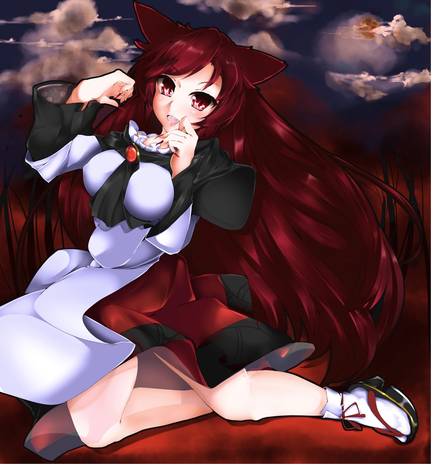 absurdres animal_ears brooch brown_hair cloud fingernails highres imaizumi_kagerou jewelry kinou_no_shika kneeling long_fingernails long_hair moon solo touhou wolf_ears