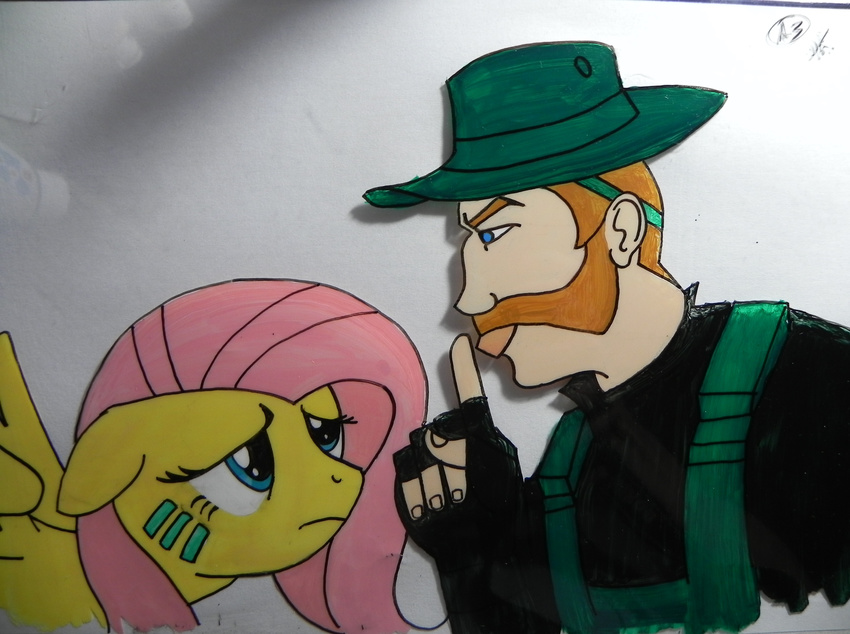 absurd_res blue_eyes blush call_of_duty_4:_modern_warfare captain_price costume drawing equine esprites female fluttershy_(mlp) friendship_is_magic green_eyes hair hat hi_res horse human long_hair mammal my_little_pony painting parody pegasus pink_hair pony soldier traditional_media video_games what wings