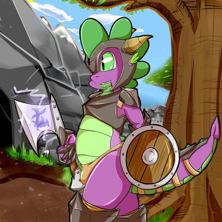 armor axe dragon friendship_is_magic green_eyes horn male my_little_pony saurian_(artist) shield solo spike_(mlp) weapon