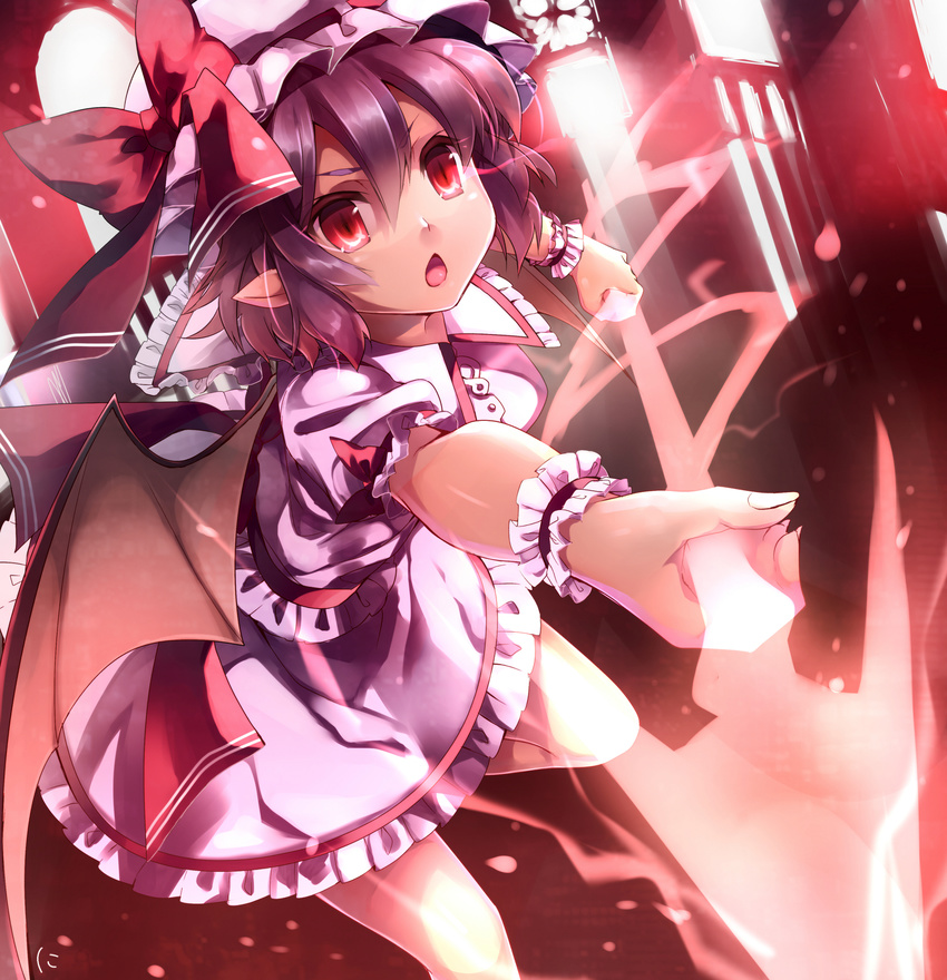 bad_id bad_pixiv_id bat_wings bow hat hat_bow highres niwashi_(yuyu) open_mouth outstretched_arm pointy_ears purple_hair red_eyes remilia_scarlet short_hair skirt skirt_set solo spear_the_gungnir touhou wings