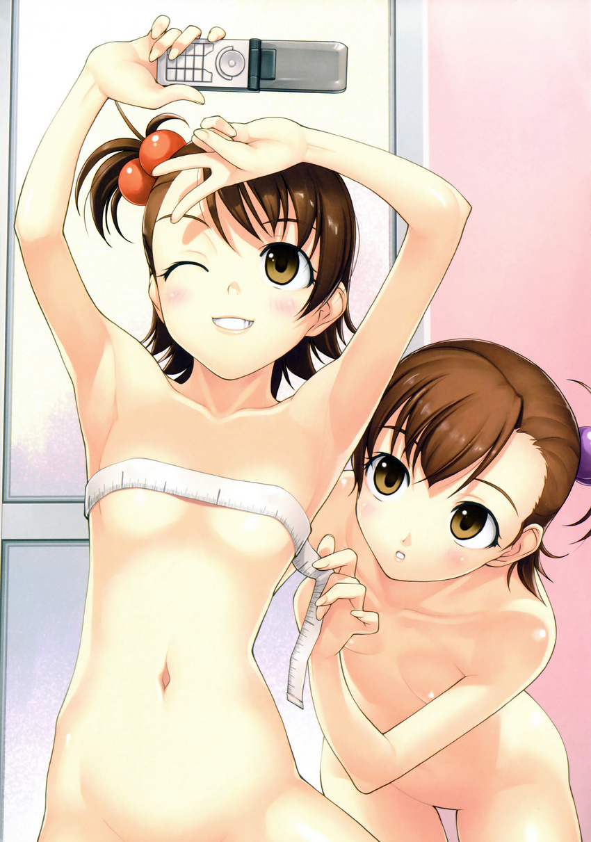 absurdres armpits arms_up blush breasts brown_eyes brown_hair bust_measuring cellphone cellphone_camera convenient_arm flat_chest flipped_hair futami_ami futami_mami grin hair_bobbles hair_ornament highres idolmaster idolmaster_(classic) measuring multiple_girls navel nude one_eye_closed out-of-frame_censoring phone short_hair siblings side_ponytail sisters small_breasts smile tanaka_shoutarou tape_measure twins upper_body v