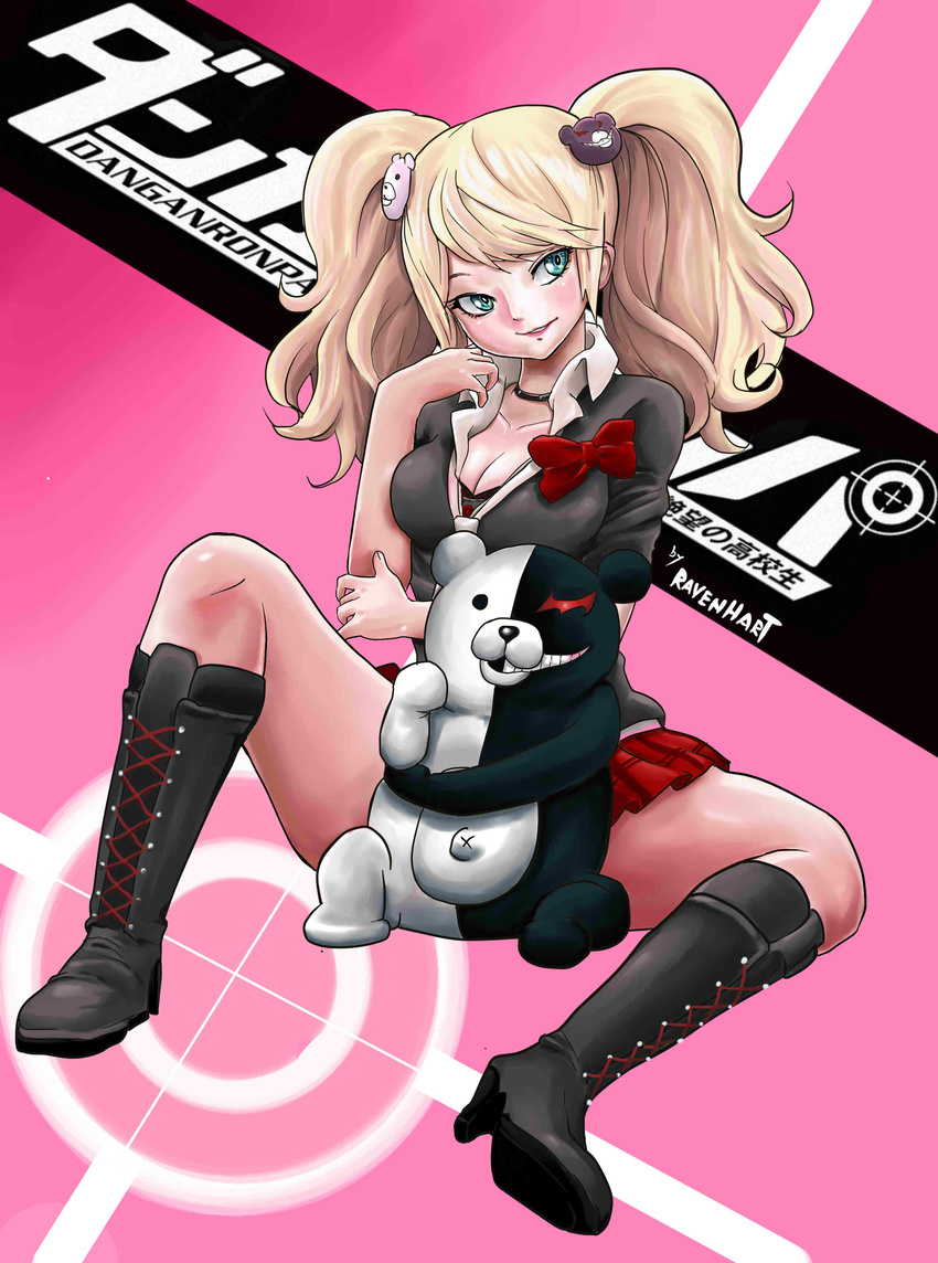 absurdres amax_ravenheart black_footwear black_shirt blue_eyes blush boots breasts cleavage danganronpa danganronpa_1 enoshima_junko hair_ornament hairclip highres legs_apart long_hair monokuma no_socks pink_background pink_hair red_ribbon red_skirt ribbon shirt skirt smile solo spoilers twintails