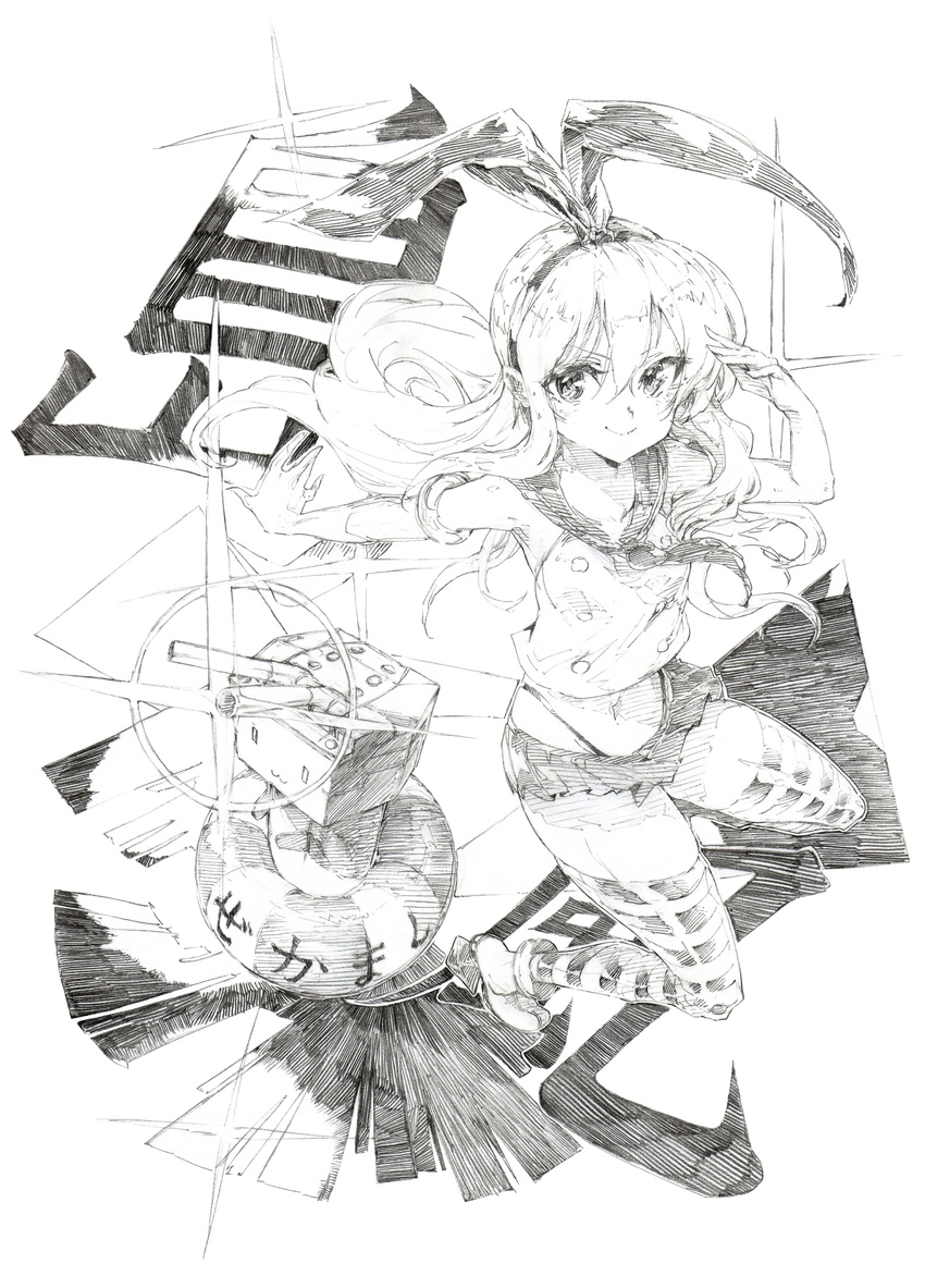animal_ears bunny_ears character_name colored_pencil_(medium) elbow_gloves fake_animal_ears gloves greyscale hair_ribbon highres kantai_collection long_hair looking_at_viewer midriff miniskirt monochrome navel neckerchief oshake panties rensouhou-chan ribbon shimakaze_(kantai_collection) shirt skirt sleeveless sleeveless_shirt smile solo striped striped_legwear thighhighs traditional_media underwear