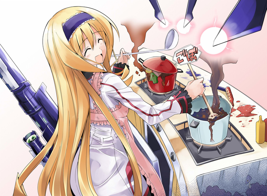:d ^_^ apron bad_food bibi blonde_hair blue_hairband cecilia_alcott closed_eyes cooking hairband infinite_stratos kitchen ladle long_hair messy_room open_mouth pot smile solo uniform