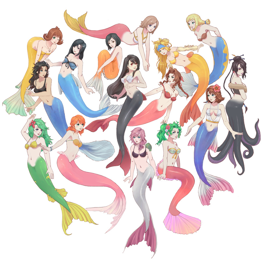 6+girls aerith_gainsborough alternate_costume ashelia_b'nargin_dalmasca ashelia_b'nargin_dalmasca bare_shoulders black_hair blonde_hair brown_hair crossover everyone female final_fantasy final_fantasy_iv final_fantasy_ix final_fantasy_vi final_fantasy_vii final_fantasy_viii final_fantasy_x final_fantasy_x-2 final_fantasy_xii final_fantasy_xiii garnet_til_alexandros_xvii green_eyes green_hair highres lightning_farron lingerie long_hair lulu lulu_(final_fantasy) mermaid midriff monster_girl multiple_girls oerba_dia_vanille oerba_yun_fang penelo pink_hair rikku rinoa_heartilly rydia selphie_tilmitt short_hair square_enix tifa_lockhart tina_branford twintails underwear wink yuna