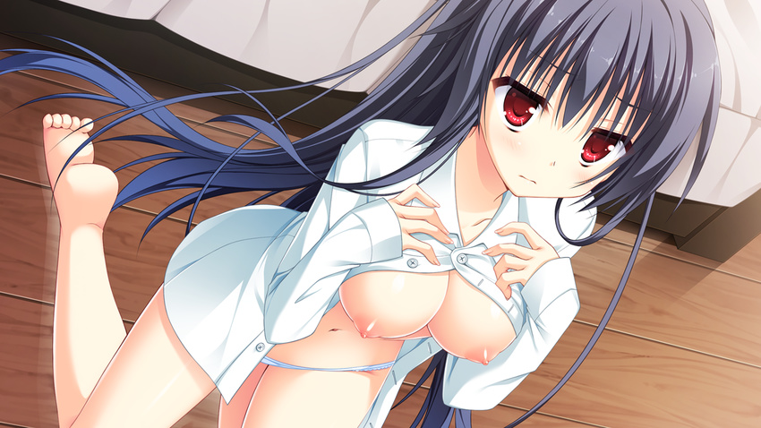 amagase_natsuki black_hair breasts game_cg hontani_kanae karumaruka_circle long_hair nipples open_shirt panties red_eyes saga_planets underwear