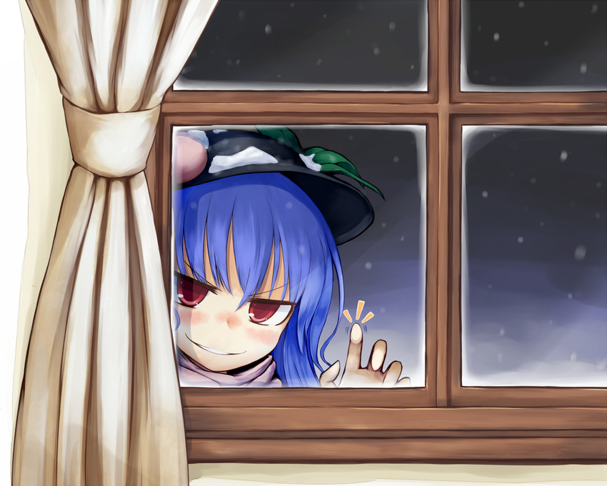 &gt;:) blush curtains face food fruit grin hat hinanawi_tenshi leaf long_hair nice red_eyes smile snow solo tapping tapping_finger touhou v-shaped_eyebrows window