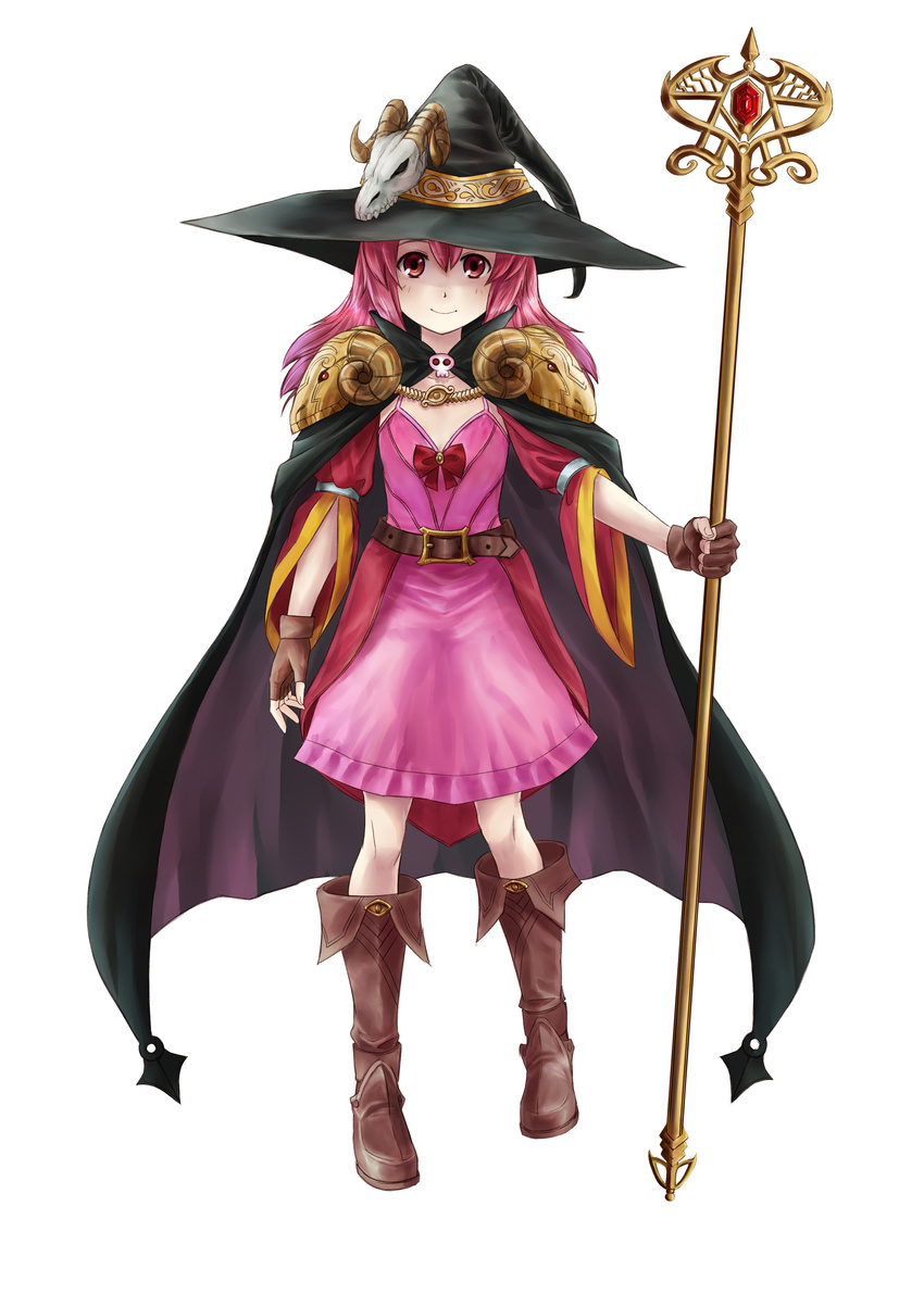 absurdres boots cape fingerless_gloves full_body gloves hat highres jastersin21 long_hair looking_at_viewer md5_mismatch original pink_eyes pink_hair resized roana_cromwel shoulder_pads simple_background skull smile solo staff upscaled white_background witch_hat