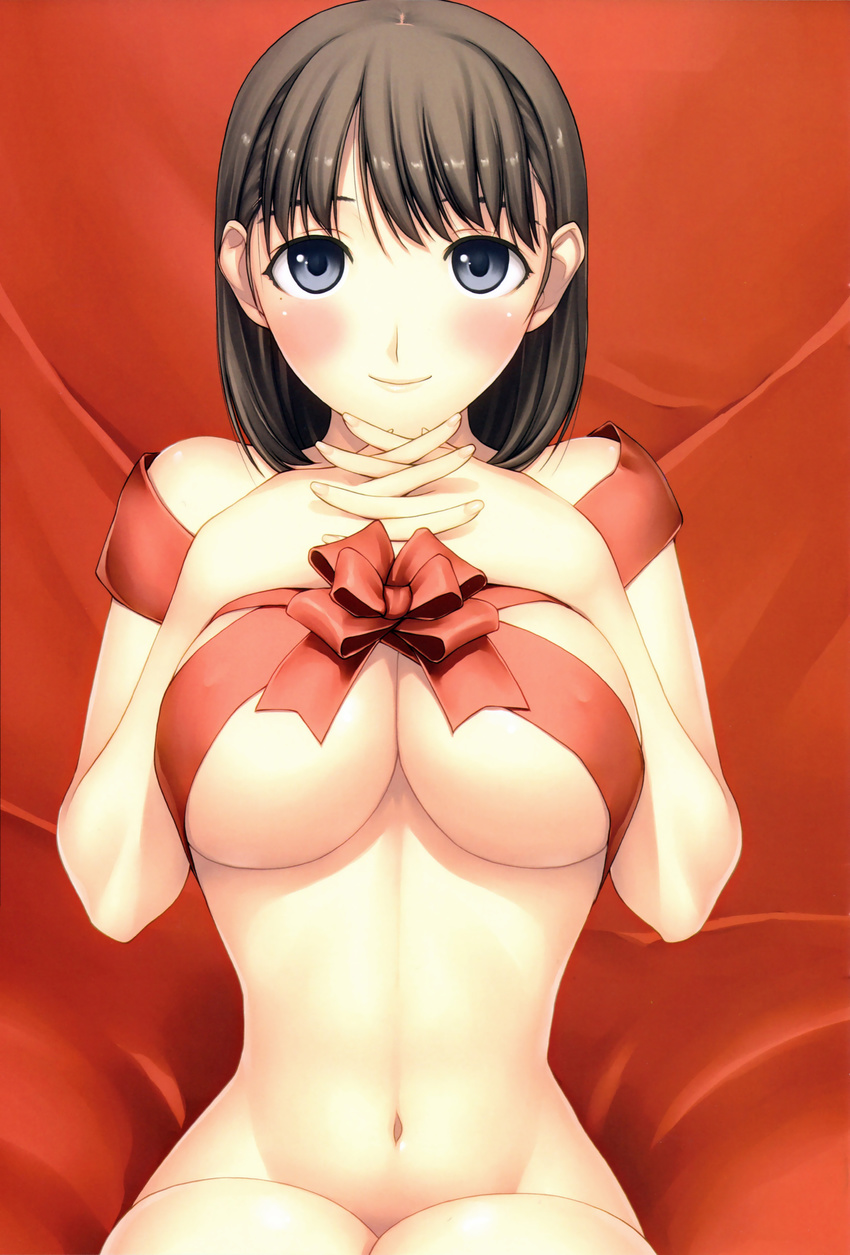 absurdres anegasaki_nene black_eyes blush breast_suppress breasts brown_hair hands_together highres large_breasts love_plus mole mole_under_eye naked_ribbon navel ribbon scan smile solo tanaka_shoutarou