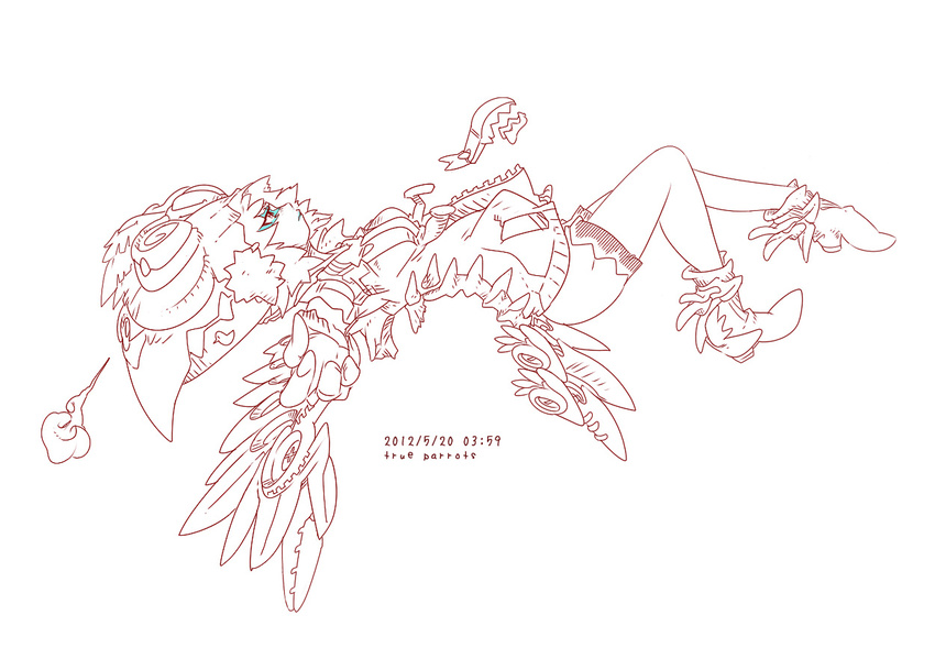 2012 boots character_request dated english from_side full_body knees_up lineart lying monochrome on_back original profile shorts simple_background solo spot_color white_background wings yanagi_yagiaji