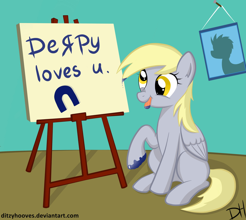 blonde_hair derpy_hooves_(mlp) ditzyhooves equine female feral friendship_is_magic fur grey_fur hair horse long_hair mammal my_little_pony paint pegasus photo pony sign sitting solo text tongue tongue_out wings yellow_eyes