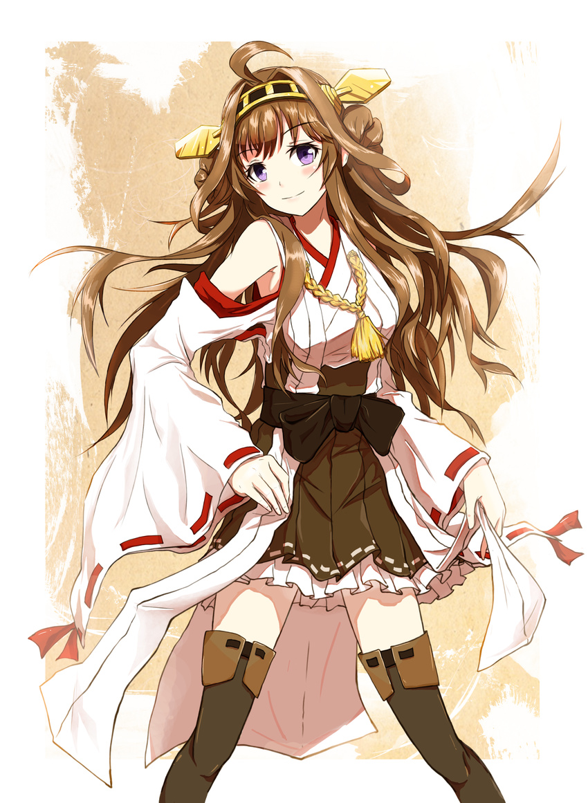 absurdres bae.c bare_shoulders blush boots brown_hair detached_sleeves double_bun finger_to_mouth highres kantai_collection kongou_(kantai_collection) long_hair nontraditional_miko pleated_skirt purple_eyes skirt smile solo thigh_boots thighhighs