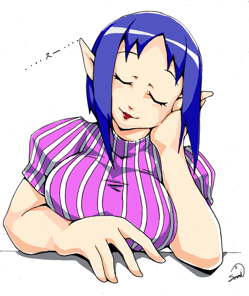 artist_request blue_hair bombchu_bowling_girl breasts eyes_closed highres large_breasts lips lipstick majora's_mask makeup mini-game_operator ocarina_of_time pointy_ears red_lipstick samidare_satsuki the_legend_of_zelda the_legend_of_zelda:_majora's_mask the_legend_of_zelda:_ocarina_of_time translation_request