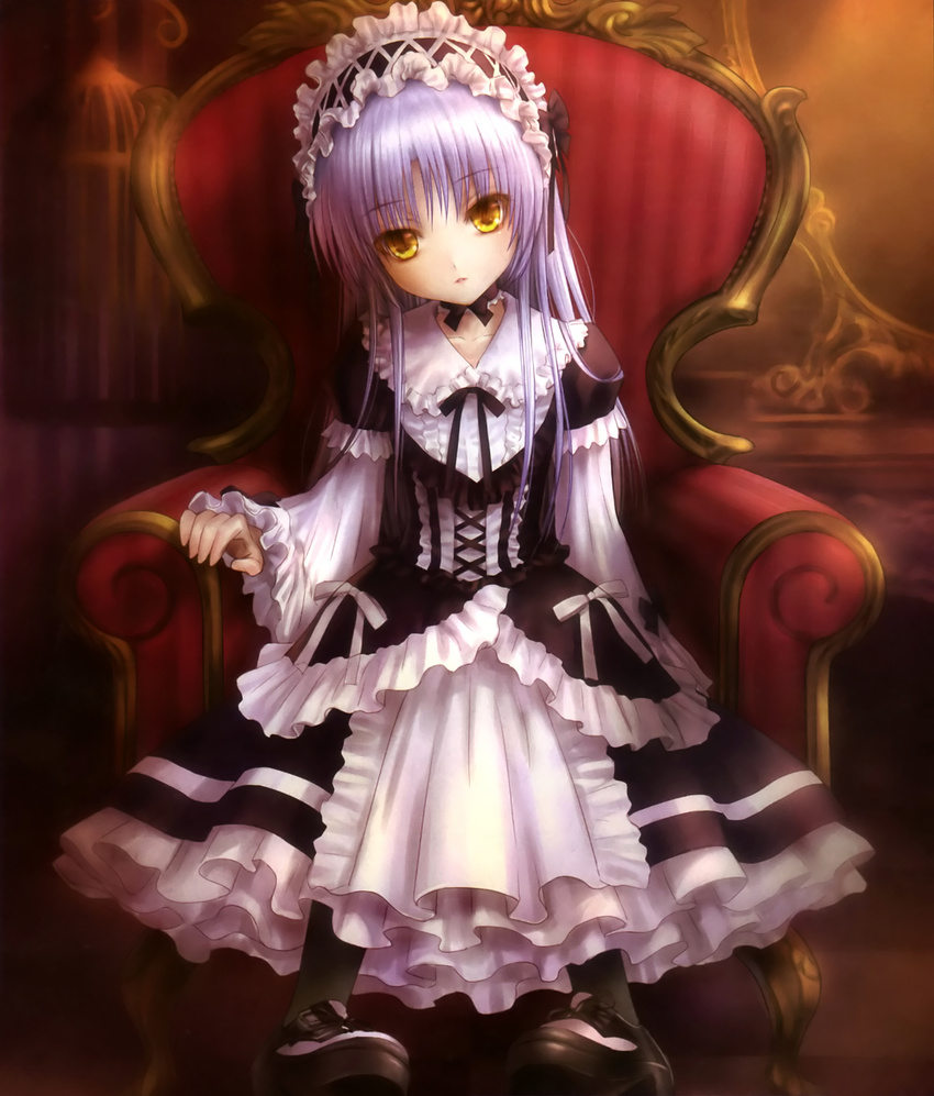 angel_beats! armchair black_legwear chair couch dress gothic_lolita goto_p hairband highres lolita_fashion lolita_hairband long_hair pantyhose shoes silver_hair sitting tenshi_(angel_beats!) yellow_eyes