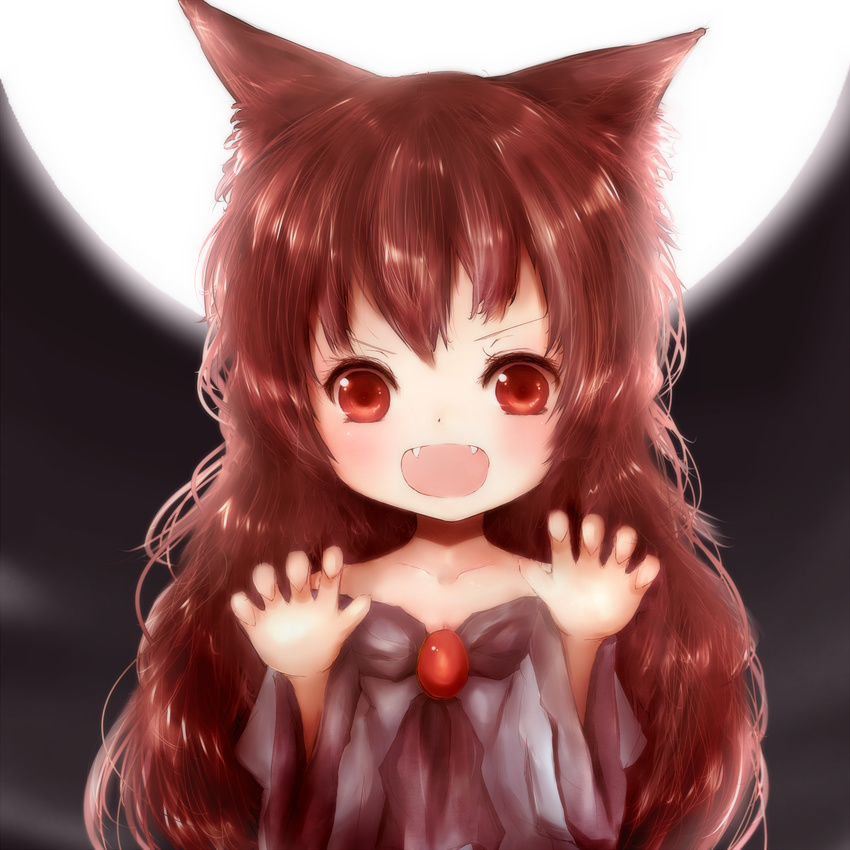 :d amanojaku animal_ears bad_id bad_pixiv_id blush brown_hair collarbone dress fangs full_moon hands_up highres imaizumi_kagerou long_hair messy_hair moon open_mouth red_eyes sketch smile solo touhou v-shaped_eyebrows wolf_ears