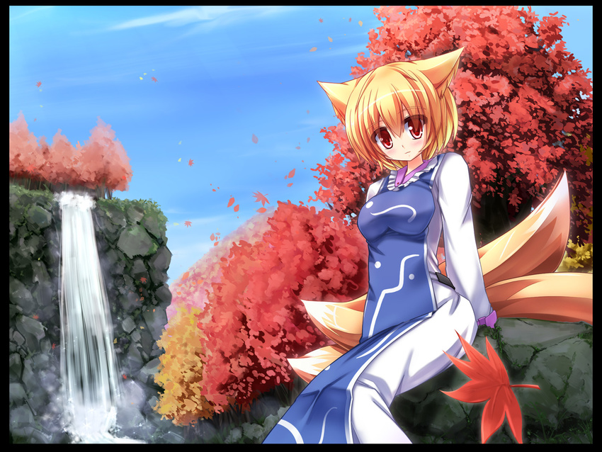 animal_ears autumn_leaves blonde_hair blue_sky dress forest fox_ears fox_tail frame highres kyuubi liya long_sleeves looking_at_viewer multiple_tails nature no_hat no_headwear red_eyes sitting_on_rock sky solo tabard tail touhou water waterfall white_dress yakumo_ran