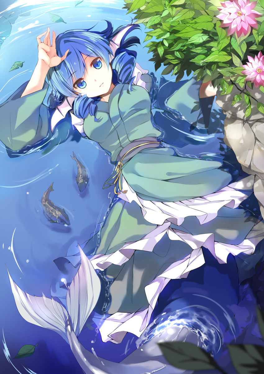 blue_eyes blue_hair breasts curly_hair fish flower hasebe_yuusaku head_fins highres japanese_clothes medium_breasts mermaid monster_girl partially_submerged rock solo touhou wakasagihime