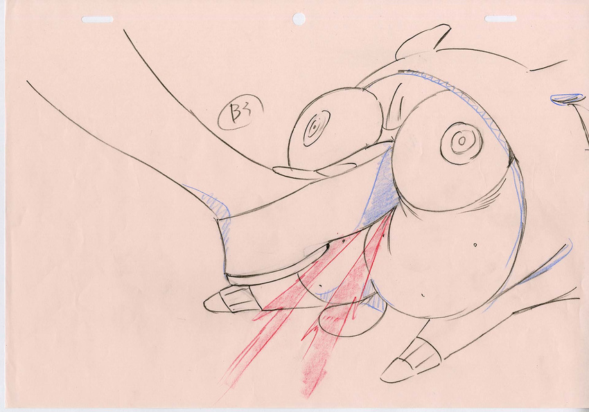 blood color_trace commentary dog flying guts_(kill_la_kill) highres hood hoodie key_frame kicking kill_la_kill legs nosebleed official_art partially_colored pink_background production_art simple_background trigger_(company)