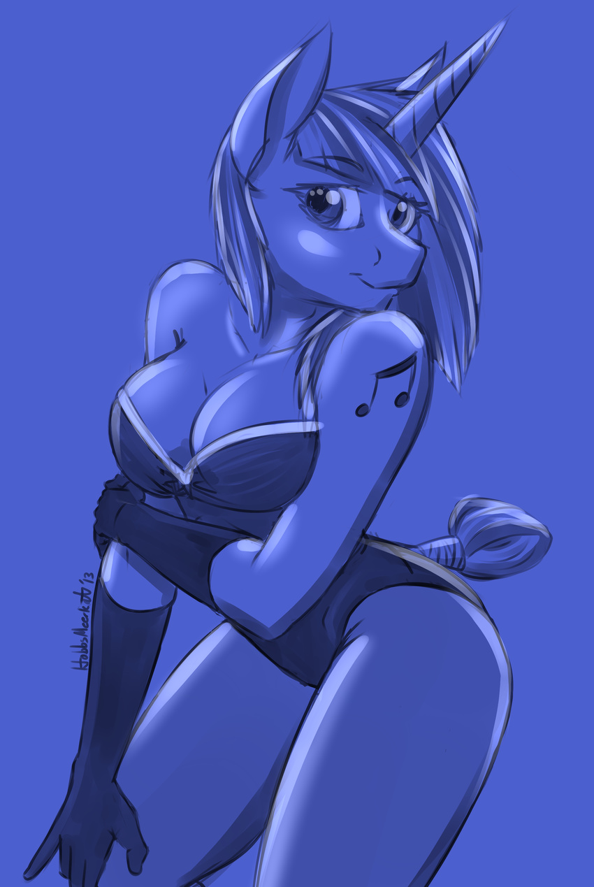 anthro anthrofied big_breasts blue_theme breasts cleavage clothed clothing cutie_mark elbow_gloves equine female friendship_is_magic gloves hobbsmeerkat horn horse looking_at_viewer mammal monochrome my_little_pony plain_background pony pose smile solo standing tail_wrap unicorn vinyl_scratch_(mlp)