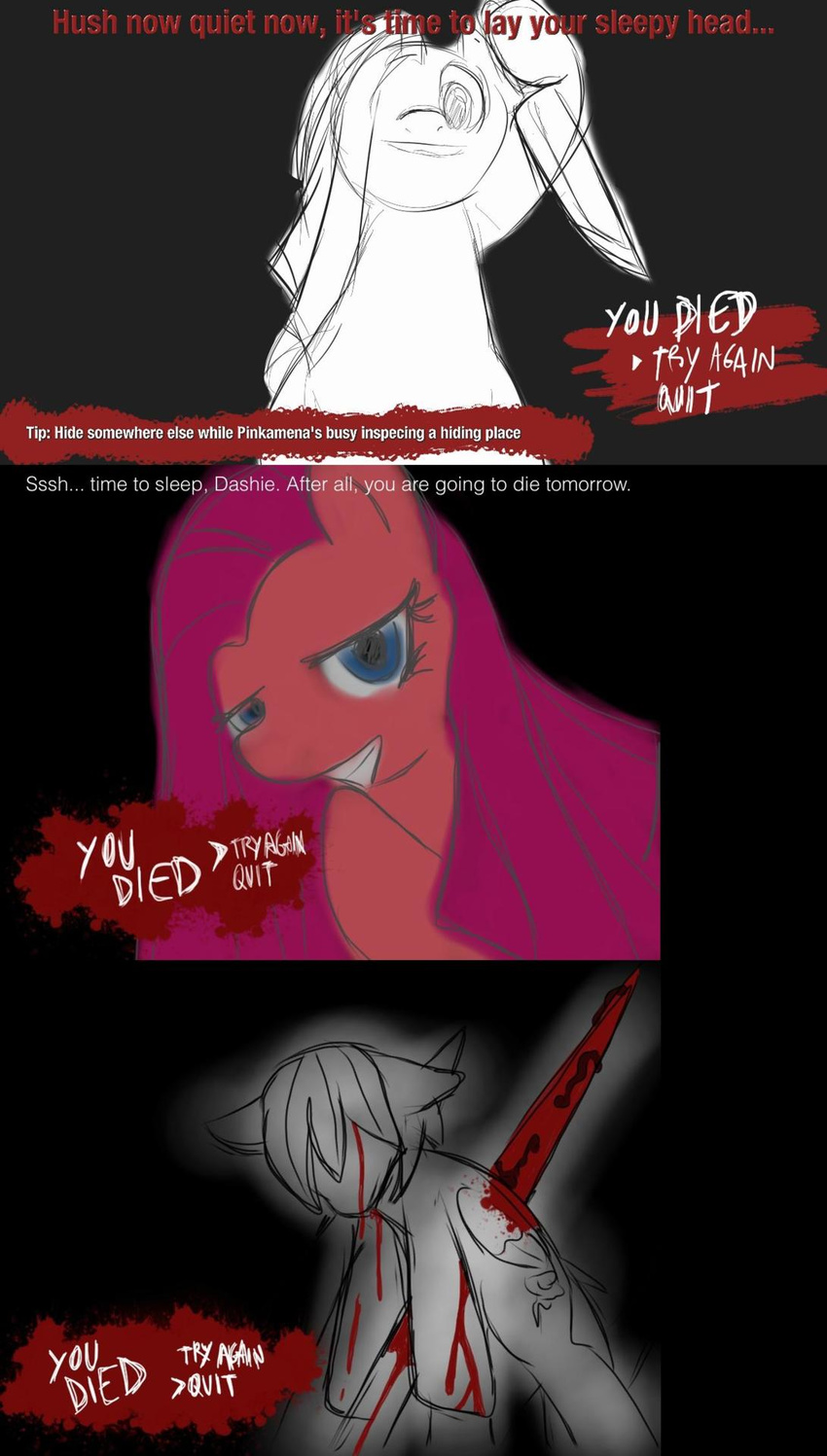 blood death equine female feral friendship_is_magic gore grimdark haiku_oezu horse mammal my_little_pony pinkamena_(mlp) pinkie_pie_(mlp) pony rainbow_dash_(mlp)