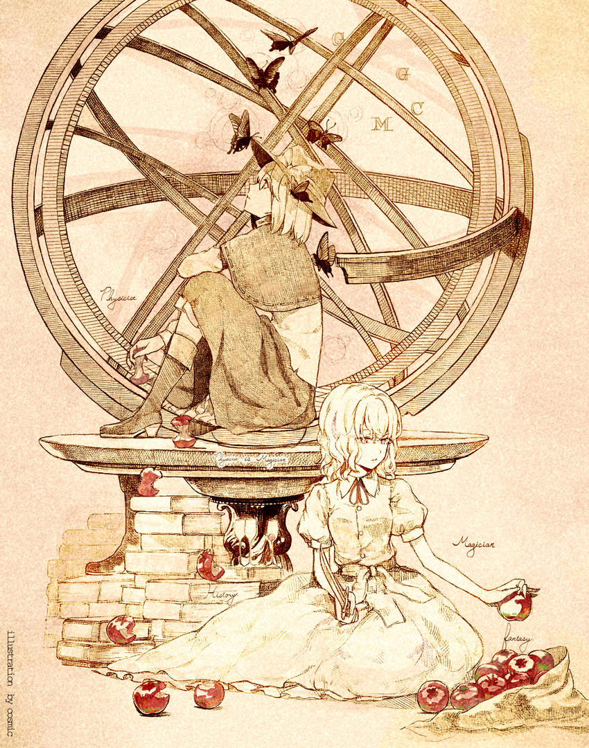 apple artist_name bag boots bug butterfly capelet cosmic_(crownclowncosmic) cover cover_page dress food fruit hat highres insect long_sleeves magical_astronomy maribel_hearn monochrome multiple_girls puffy_sleeves revision sash shirt short_sleeves signature sitting skirt spot_color touhou usami_renko