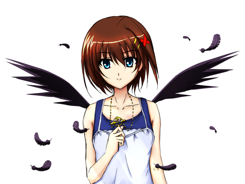 black_wings blue_eyes brown_hair dress feathers hair_ornament jewelry lyrical_nanoha mahou_shoujo_lyrical_nanoha mahou_shoujo_lyrical_nanoha_a's necklace rin-illustration schwertkreuz short_hair smile solo white_background wings x_hair_ornament yagami_hayate