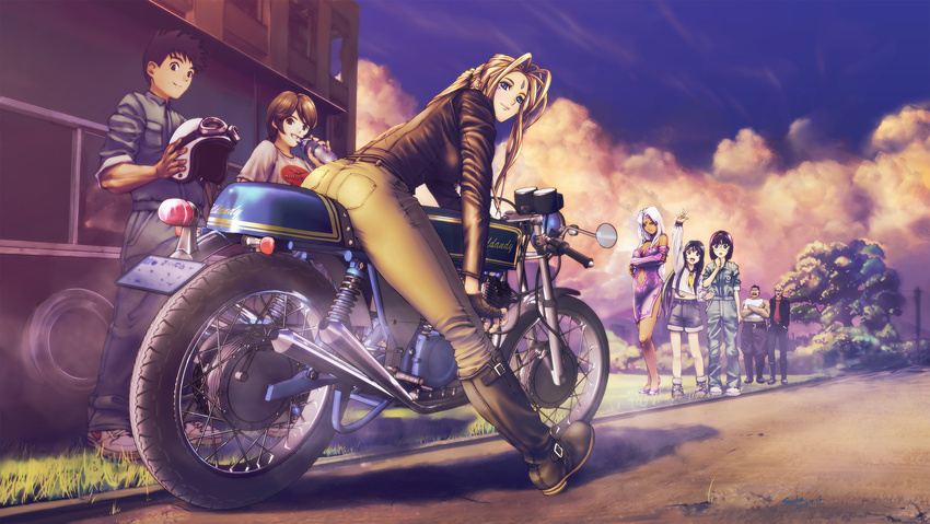 aa_megami-sama belldandy morisato_keiichi morisato_megumi motorcycle skuld socha_(socha00) urd