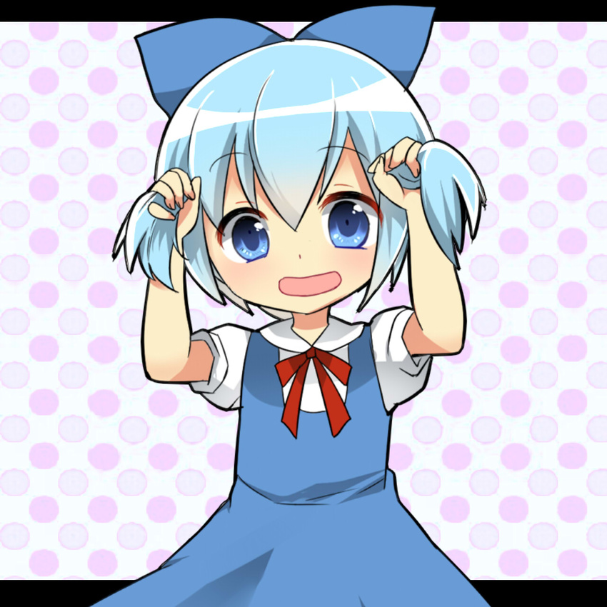 :d blue_eyes blue_hair blush bow bunching_hair cirno commentary_request hair_bow highres looking_at_viewer no_wings ochazuke open_mouth short_hair smile solo touhou upper_body